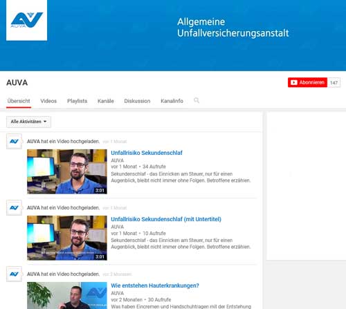 Screenshot des AUVA-Channels auf YouTube