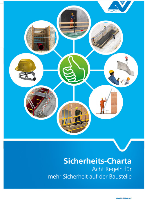 Titelbild des Merkblattes M.plus 211.2 "Sicherheits-Charta - Acht Regeln für mehr Sicherheit auf der Baustelle (Hochbau)"
