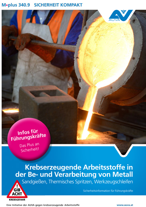 Titelbild des Merkblattes M.plus 340.9 "Krebserzeugende Arbeitsstoffe in Be- und Verarbeitung von Metall"